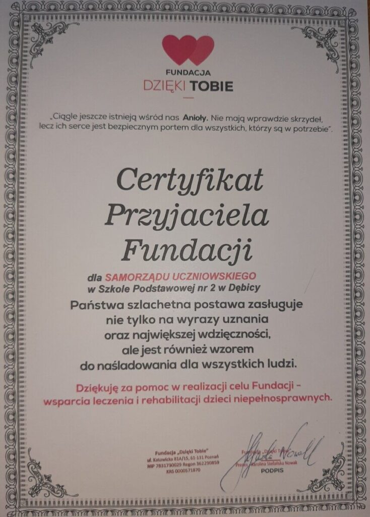 CERTYFIKAT PRZYJACIELA FUNDACJI