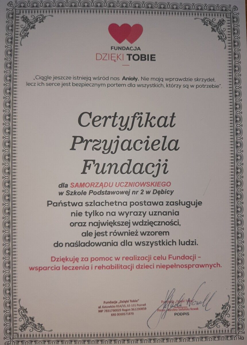 CERTYFIKAT PRZYJACIELA FUNDACJI