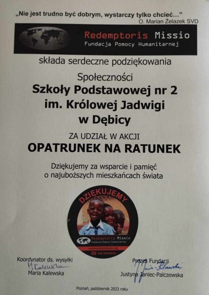 PODZIĘKOWANIE DLA NASZEJ SZKOŁY ZA UDZIAŁ W AKCJI „OPATRUNEK NA RATUNEK” W ROKU SZKOLNYM 2022/2023